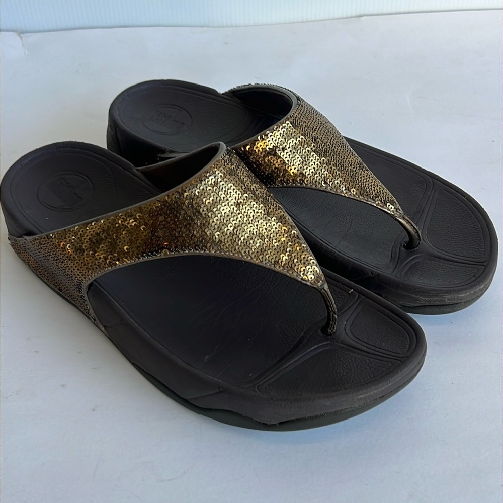 Fitflop Lulu Gold Sequined Brown Flip Flops Women's Size 8 Sequins